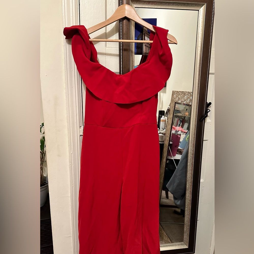 Red off the shoulder jumpsuit